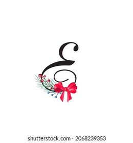 Letter E vector holiday illustration with tree branches and cones. Floral alphabet merry christmas. Monogram initials are perfect for greeting card, logo, poster. Isolated on white background 