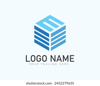 Letter E vector logo design in cube shape. Building Logo. E Blue monogram.