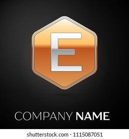 Letter E vector logo symbol in the golden hexagonal on black background. Vector template for your design