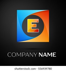 Letter E vector logo symbol in the colorful square on black background. Vector template for your design