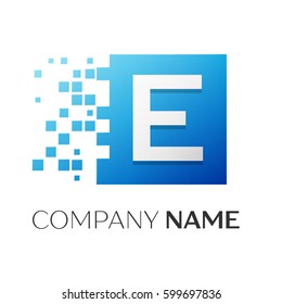 Letter E vector logo symbol in the colorful square with shattered blocks on white background. Vector template for your design