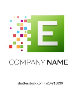 Letter E vector logo symbol in the colorful square with shattered blocks on white background. Vector template for your design