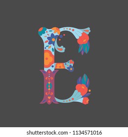 Letter "E" from very decocative alphabet for Day ot the Dead in Mexica, for piraten party or Halloween. It сonsists of a bone decorated with flowers. For cards, t-shirts, invitations