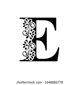 letter E. Vintage black flower ornament initial letters.  Alphabet. Logo vector 