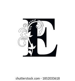 letter E. Vintage black flower ornament initial letters.  Alphabet. Logo vector 