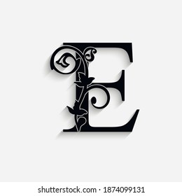 Letter E. Vintage Black Flower Ornament Initial Letters.  Alphabet. Logo Vector 
