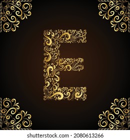 letter E vintage flower concept art in gold color