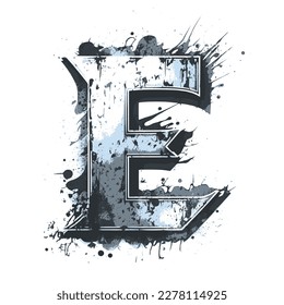 Letter E, Vintage Logo Icon, Paint and Brush Texture,Dirty Splat and Spray Texture,Metallic Drip in Modern Blue Texture