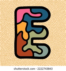 letra E fuente retro vintage con el rompecabezas del rompecabezas del patrón de vidrio manchado kaleidoscopio en colores mudos