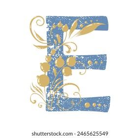Letter e in vintage style with beautiful gold swirls. The letter is shabby as if it were old. Traditional floral motifs. For monogram, invitations, wedding, decoration.