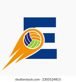 Letter E Volleyball Logo Concept With Moving Volley Ball Icon. Volleyball Sports Logotype Template