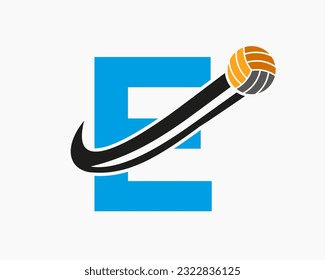 Letter E Volleyball Logo Concept With Moving Volley Ball Icon. Volleyball Sports Logotype Template