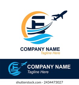 Letra E con logotipo de Onda y Avión Volador para Agencia de Viajes. Logotipo de diseño vectorial para etiqueta de transporte de viajes, turismo, publicidad de la compañía de vuelos