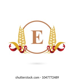 Letter E wheat logo template with ribbon. Organic concept. Nature icon symbol.