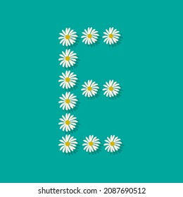 Letter E from white chamomile flowers. Festive font or decoration for spring or summer holiday and design. Vector flat illustration