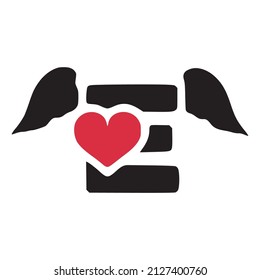 Letra e con alas y símbolo del corazón icono del doodle