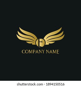 letter E and wings in luxury and elegant golden style logo design
