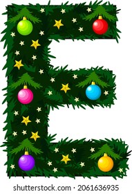 The letter E. Winter alphabet. The font is made in the form of a Christmas tree with decorations of balls and stars.