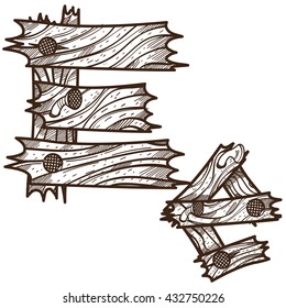 Letter E from wooden planks. Vector alphabet. Picture for coloring.