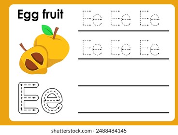 Letter e worksheet with egg fruit. Alphabet Tracing Activity Workbook in Colorful Cute Illustrative Style