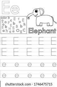 Letter E-Arbeitsblatt für Kindergarten.Alphabet-Ablaufblatt a-z.Illustration für Lehrer.Übungen für Kinder.Zurück zur Schule.Farbbuch.Drucktabelle für Kinder.Der Elefant ist ein wildes Tier.