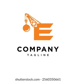 Letter E Wrecking Ball Excavator Logo Icon Vector