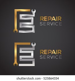 Letter E with wrench logo Gold and Silver color,Industrial,repair,tools,service and maintenance logo for corporate identity