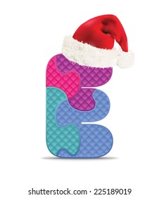Letter E written with alphabet puzzle with Christmas hat - vector illustration