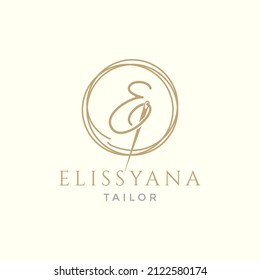 letter E with yarn needle tailor logo design, vector graphic symbol icon illustration