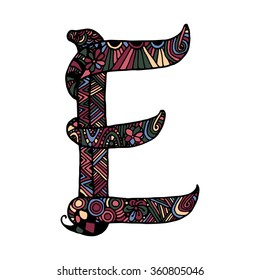 Letter e zentangle and doodle hand draw 