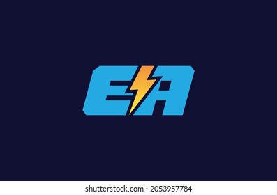 Letter EA logo with Lightning bolt icon, Power Energy Logo design, Alphabet E and A with electric bolt