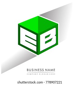 Letter EB logo in hexagon shape and green background, cube logo with letter design for company identity.
