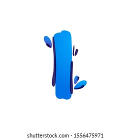 Letter I eco logo with blue water drops handwritten with a felt-tip pen. Vector marker font can be used for eco friendly, vegan, bio, raw, organic template.