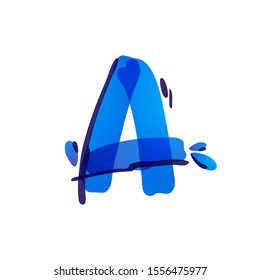 Letter A eco logo with blue water drops handwritten with a felt-tip pen. Vector marker font can be used for eco friendly, vegan, bio, raw, organic template.