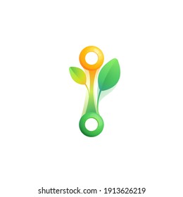 Letter I eco logo with colorful spheres or dots and connecting lines. Vector green icon perfect to use in any agriculture labels, science posters, spring identity, etc.