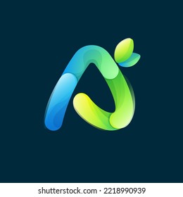 Letter A eco logo with gradient lines with green leaf. Environment friendly icon made of overlapping parts. Perfect for agriculture art, waste recycling app design, healthy food packaging.