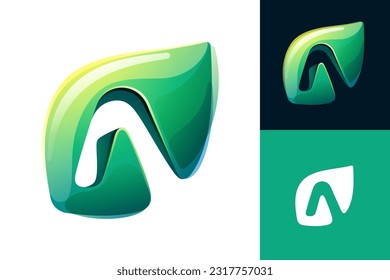 A letter eco logo. Green leaf carving. 3D realistic icon. Environment friendly forest initial in watercolor style. Font for botanical labels, floral headlines, recycle posters, organic cards.