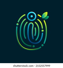 I letter eco logo made of fingerprint. Gradients icon with green leaves and dew drops. Perfect for online payment art, biometric design, agriculture advertising, pure food packaging, modern identity.