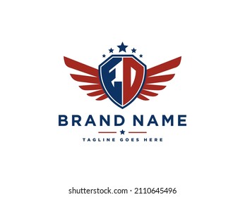 Letter ED shield wings usa initial logo . Suitable for american mascot, emblem, sport team, or many area of business.