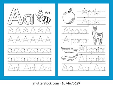 Letter A educational worksheets set. Trace the alphabet activity page. Printable black and white template in A4 format for children’s workbook. Vector illustration 