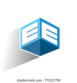 Letter EE logo in hexagon shape and blue background, cube logo with letter design for company identity.
