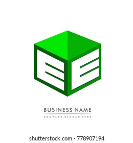 Letter EE logo in hexagon shape and green background, cube logo with letter design for company identity.
