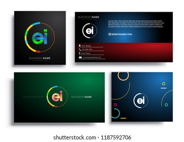 Letter EI logotype with colorful circle, letter combination logo design with ring, sets of business card for company identity, creative industry, web, isolated on white background.