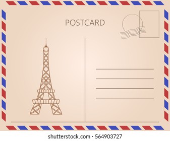 Letter with Eiffel Tower. Vintage postcard. Vector illustration of postcard with fields and flat linear icon of Eiffel Tower.