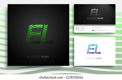 Letter EL logotype with colorful circle, with striped composition letter, sets of business card for company identity, creative industry, web.