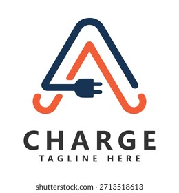 Letra un logotipo de enchufe eléctrico, letra una y combinación de enchufe, Plantilla plana del logotipo del diseño