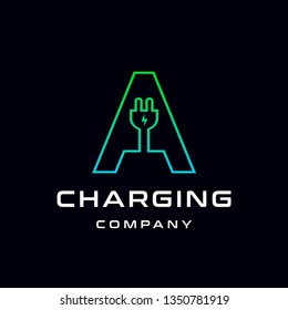 Letter A Electric Plug vector logo template. Font with green and blue gradient graphic.  Technology background. This alphabet is suitable for energy, power, cable, wire, electrical, device, connect.