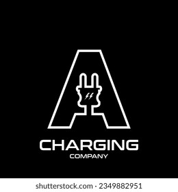Letter A Electric Plug vector logo template. Technology background. This alphabet is suitable for energy, power, cable, wire, electrical, device, connect.