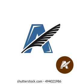 Letter A elegant logo with feather. Writers club concept.