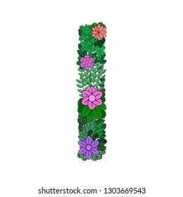 The letter I -  element of the colorful floral alphabet on a white background. Made from flowers, twigs and leaves. Floral spring ABC element in vector.